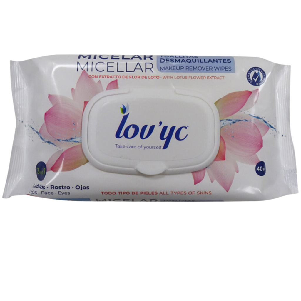 Lov'yc toallitas desmaquillantes 40 u. 3 en 1 micelares con extracto de Flor de loto.